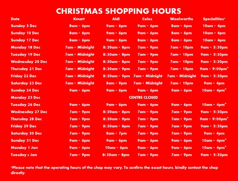 Christmas Shopping Hours Sunnybank Hills