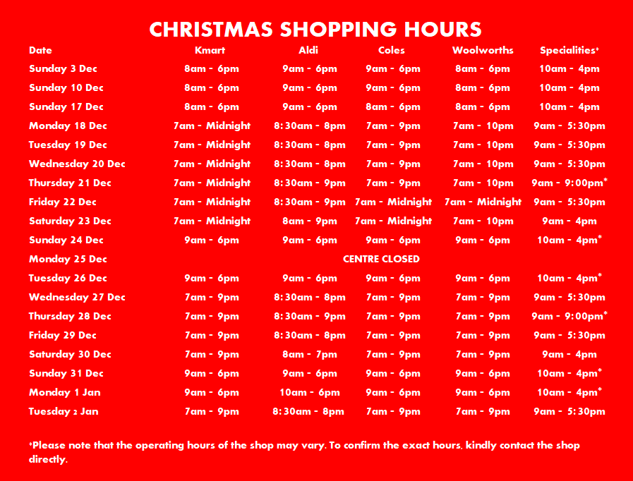 Christmas Shopping Hours Sunnybank Hills